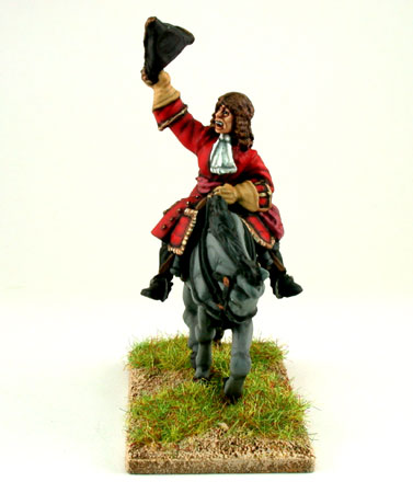 General officer on trotting horse waving hat